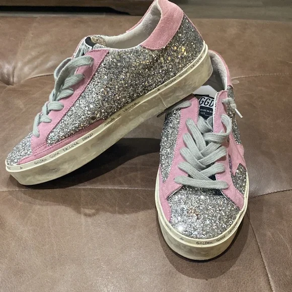 Golden goose silver sparkle sneakers with pink shade stars size 10 pre owned